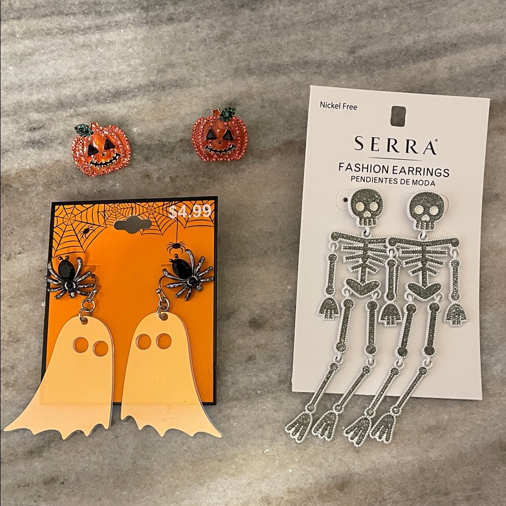 Halloween Earrings Set with Orange Ghosts and Silver Skeletons Pumpkins Spiders